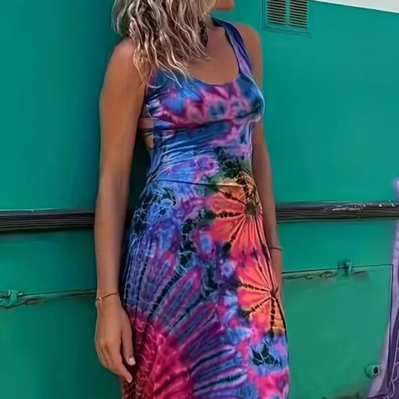 La Bamba Hippie Tie Dye Retro Backless Gypsy Boho Colorful Long Maxi Dress. - Picture 7 of 9